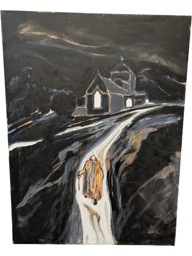 Jack Watto Original Abstraktes Gemälde Kirche Mönch Nachtszene 40"x30" Leinwand KN