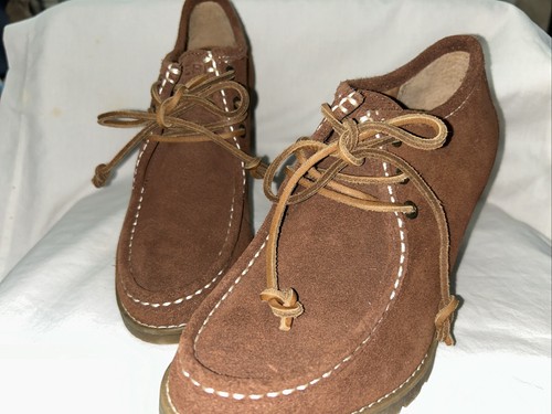 SPERRY Brown Suede Leather Lace-up Thick Stitch Bootie Wedge Heel Shoes Size 8 M