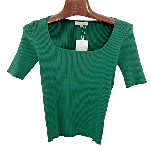 Oprexo Neu mit Etikett Damen geripptes Strick Stretch Top Medium grün Kurzarm quadratischer Ausschnitt - Bild 2 von 11