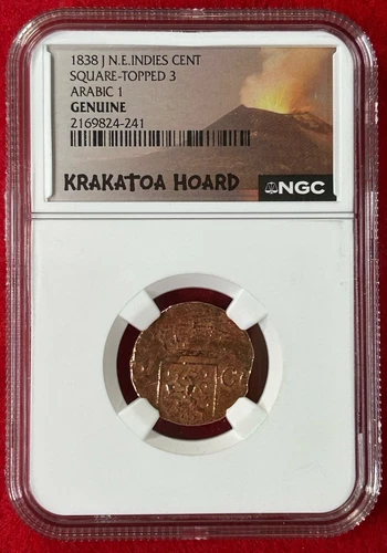 Krakatoa Hoard 1838 J N.E. Indies Cent Square-Topped 3 Arabic 1 NGC Genuine 