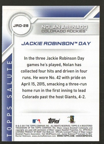 2017 Topps Jackie Robinson Day #JRD-28 - Nolan Arenado Colorado Rockies 17-329 - Picture 2 of 2