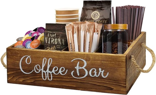 Coffee Station Organizer with Small Removable Dividers, Wooden white