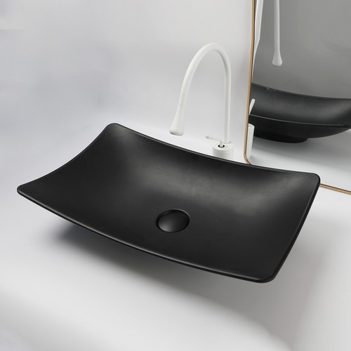 Stone Resin Bathroom Vessel Sink Black Bowl Combos White Faucet Chrome Drain Set - Picture 1 of 6