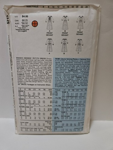 Butterick 5713 Size 12-16 Dress Uncut 1987 - Picture 2 of 2