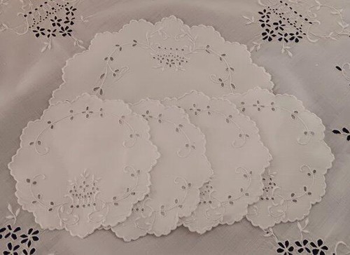Vintage Madeira Leinen Herzstück Set Tischdecke Untersetzer Deckchen Broderie - Bild 2 von 6