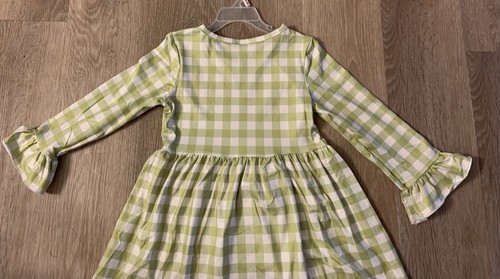 New Boutique Girls Size 4/5 Light Green & White Checked Long Sleeve Casual Dress - Picture 7 of 8