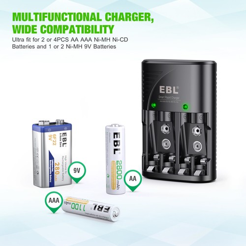 EBL Lot 600mAh 9V 6F22 Li-Ion Rechargeable Batteries / AA AAA 9V Battery Charger - Picture 2 of 27
