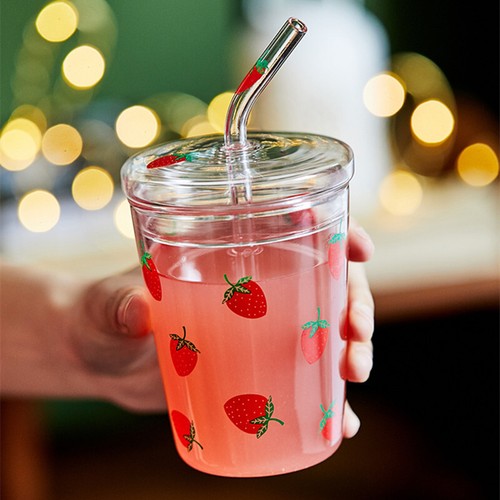 Strawberry Glass Cup with Straw, Cute Strawberry Cup - Picture 2 of 7
