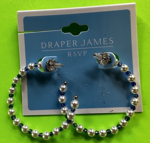DRAPER JAMES RSVP GOLD TONE SIMULATED PEARL/BLUE BEAD LG HOOP NICKLE-FREE EARRIN - Picture 2 of 8
