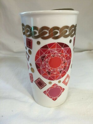 Starbucks 2014 Ceramic Red Jewel W/ Gold Lid Tumbler 12oz GUC! Ruby Gem Coffee. 