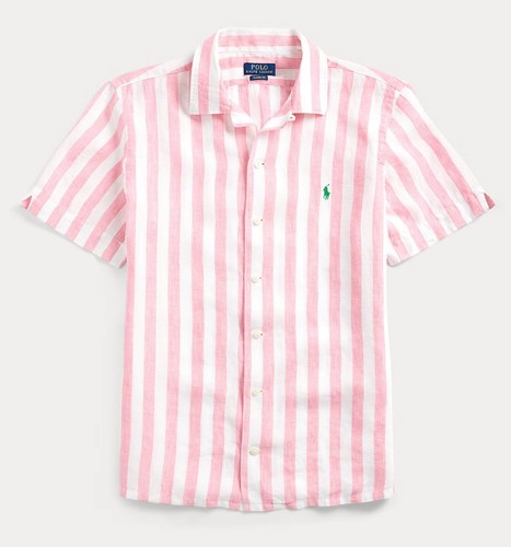 NWT Polo Ralph Lauren Pink & White STRIPED LINEN Short Sleeve Camp Shirt - Picture 2 of 8