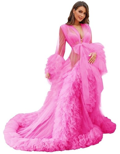 Bata de tul para sesión de fotos de maternidad transparente hinchado borgoña vestido largo boda - Imagen 7 de 46