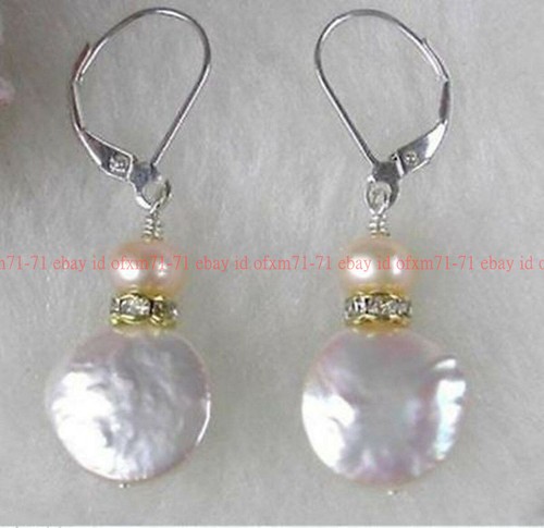 Natural 11-12mm White Coin Freshwater Pearl Silver Leverback Dangle Earrings - Picture 5 of 12