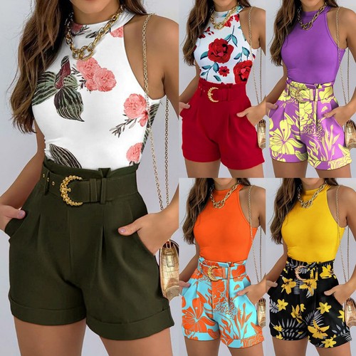 Women's Two Pieces Set Sleeveless Floral Tank Tops & Shorts Outfits With Belt - Picture 5 of 96