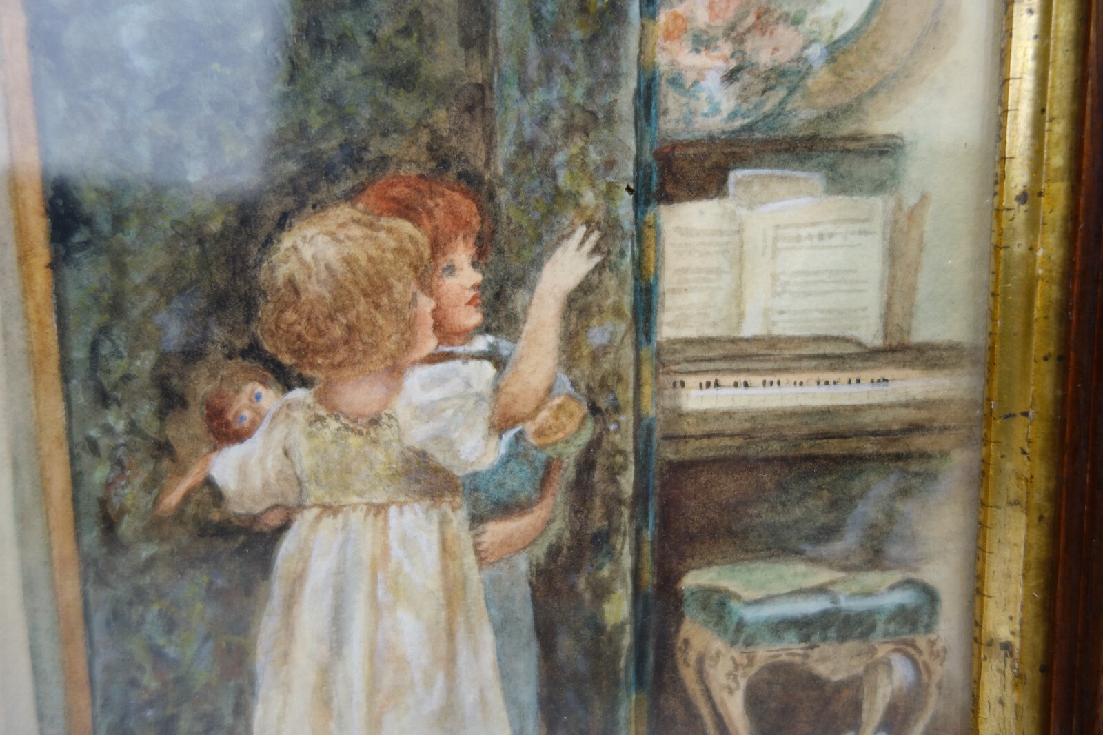 Antique Watercolor Painting of Little Girls Children Signed - Photo 5 sur 6