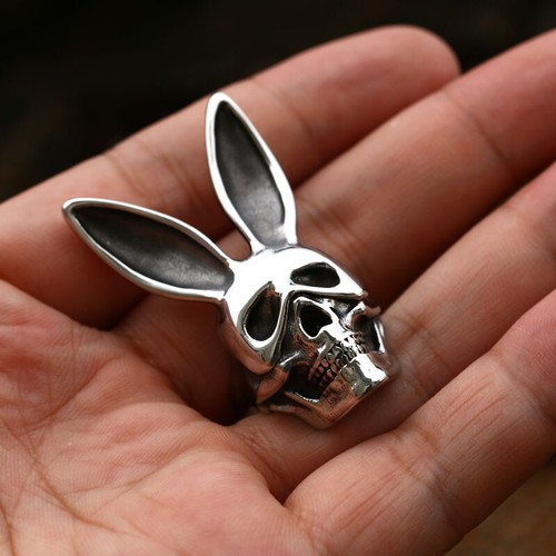 Gothic Bunny Ears Mask Skull Ring Stainless Steel Vintage Biker Funny Skull Ring - Picture 3 of 3