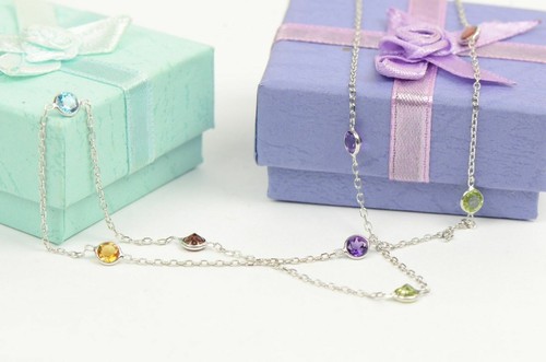 Solid 14k White Gold Multicolor Cubic Zirconia Necklace with Sparkling Stones - Picture 3 of 8