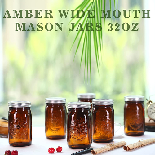 Amber Glass Mason Jars 32 Oz Wide Mouth with Airtight Lids and Bands 6 Pack Larg - Bild 7 von 12