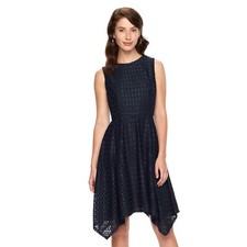 NWT Women's Luxology Navy Lace Handkerchief Fit And Flare Dress Size XS
