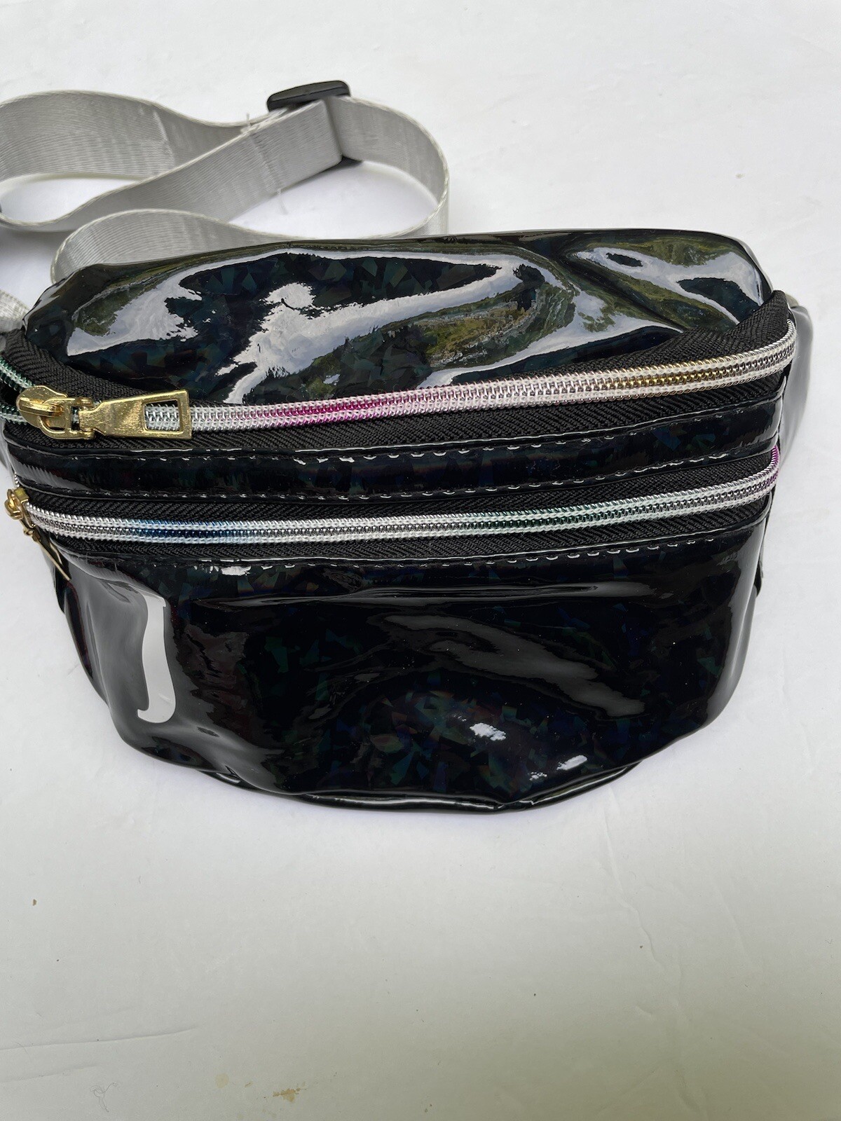 Belt Bag Small Waist Pack Zippered Cross Body-Shiny Black With White J Initial