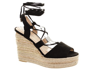 Women/'s Black Faux Suede Wrap Up Flatform Espadrille Wedge Sandal UK 3 4 5 6 7 8