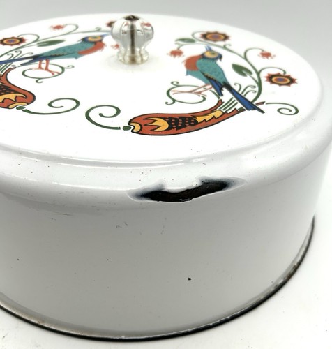 Large 12” Vintage Enamelware Cake Cover Glass Knob Bird And Floral Design - Picture 4 of 6