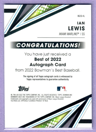 2022 Bowmans Best Ian Lewis Gold Lava Refractor Auto Autograph #/75 Marlins SP - Picture 2 of 2