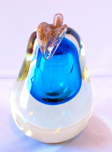 Murano Sommerso Art Glass Paperweight Pear Tuquoise Blue Amber Clear Gold Flecks - Picture 2 of 7
