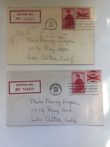 Lot of 2 CERTIFIED MAIL FIRST DAY COVER FDC 1955 WITH RECEIPT Washington - Picture 1 of 4