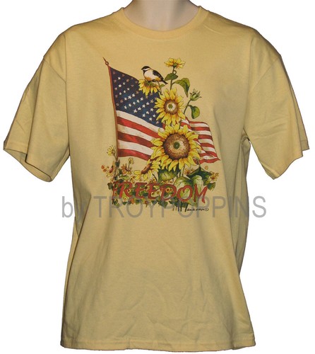 1-FREEDOM AMERICAN FLAG USA BIRD SUNFLOWER COUNTRY MENS GRAPHIC PRINTED T-SHIRT - Picture 3 of 5