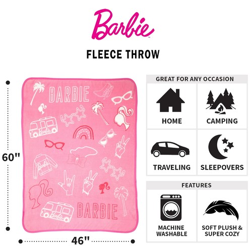 Barbie Mattel Kids Girl's 46'' x 60'' Soft Plush Pink Coral Fleece Throw Blanket - Picture 3 of 6