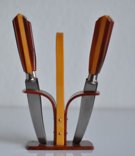 Solingen Bakelit Obstmesser Brotzeitmesser Messer Set im Halter Art Deco Vintage - Bild 2 von 9