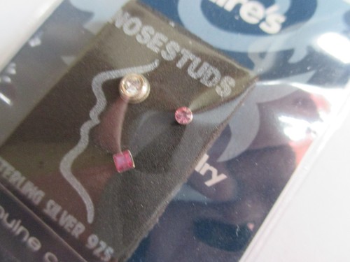 X2 c 3 NOSE STUD Studs Sterling Silver Crystal bezel round pink body jewelry - Picture 2 of 3