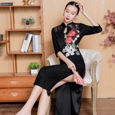 Women Fashion Classic Dance Cheongsam Sexy Hollow Stand Collar Retro Mesh Dress