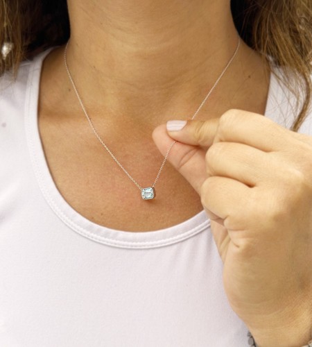Emerald Cut Aquamarine Pendant And Chain Bezel Set 14k Solid Yellow Gold 2.00ct - Picture 6 of 6
