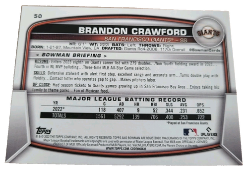 2023 Bowman Brandon Crawford #50 San Francisco Giants MLB Baseballkarte (K0 - Bild 2 von 2