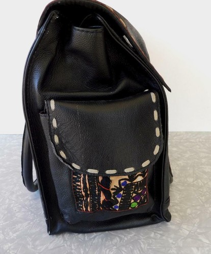 Vintage Addiction Black Leather & Vintage Fabric Laptop Tote Bag NWT OOAK New - Picture 8 of 10