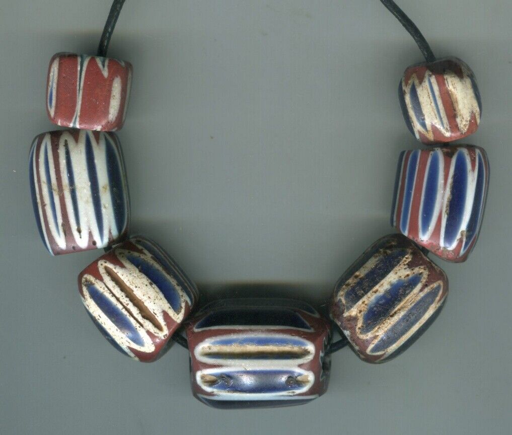 African trade beads Antique Vintage Venetian 7 old glass 7 layer blue chevrons 