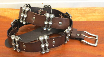 Linea Pelle Brown Leather Belt w/ Silver Studs Rhinestone Accent