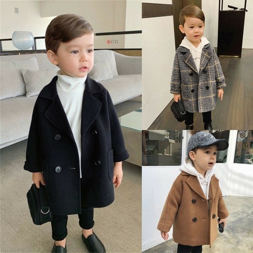 Boys Kids Wool Blend Trench Coat Double Breasted Warm Overcoat Winterwear Jacket
