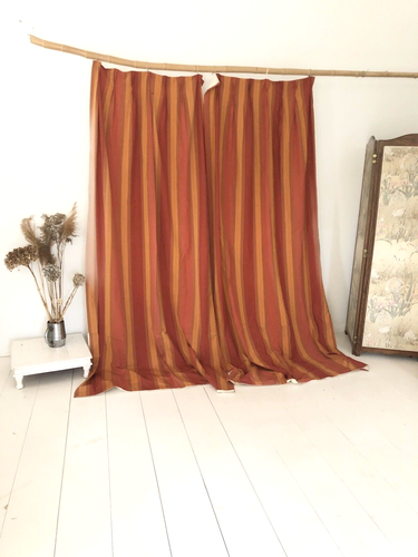 PAIR vintage LONG French BURGUNDY DRAPE cotton curtains STRIPES BACKED c1950 - Picture 4 of 11
