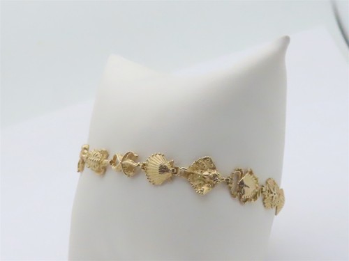 14k Gold Bracelet Coastal Charm Sea Creature Beach Jewelry Nautical 7.5 B181 - Picture 3 of 10