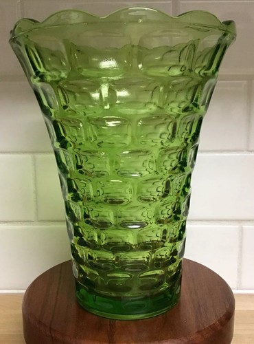 Vtg Federal Glass Bright Green Bubble Vase Lg Arrangement Basket Weave Design 3D - Picture 3 of 11