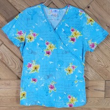 SB Scrubs Womens Floral Print Medical Nursing Scrub Top Pockets Size M Cotton