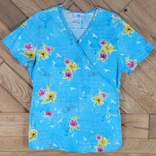 SB Scrubs Womens Floral Print Medical Nursing Scrub Top Pockets Size M Cotton