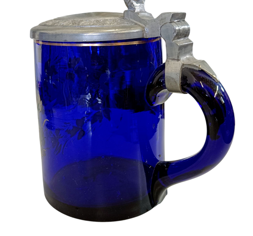 Vintage Bierkrug aus Blauglas mit Zinn-Deckel & Blumen Andenken Biedermeier - Bild 4 von 10