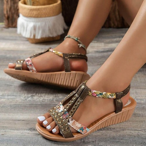 Women Fashion Summer Wedge Open Toe Sandals Rhinestone Decor Slingback Sandals - Picture 6 of 20