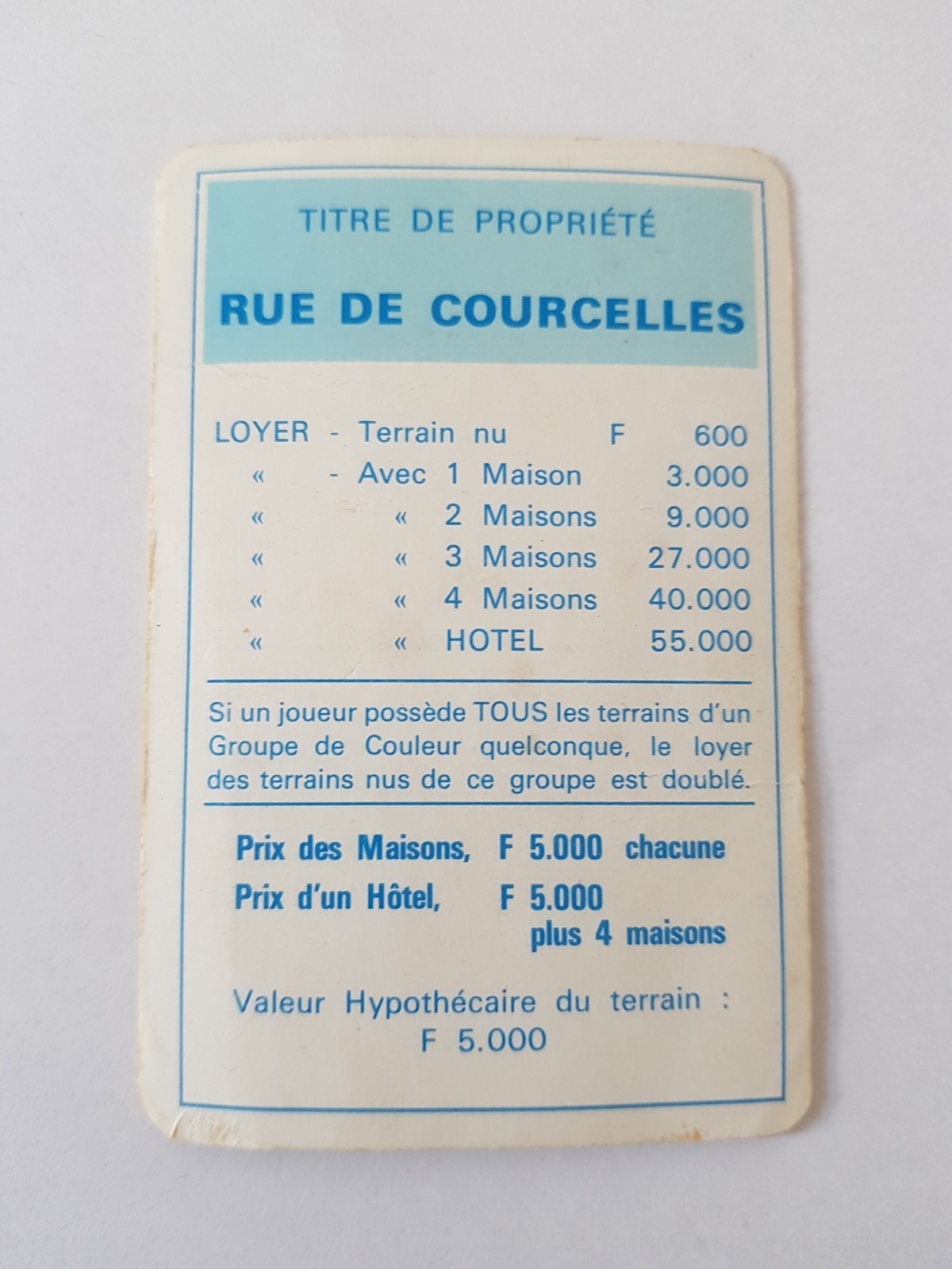 Carte Monopoly Avenue De La Republique MONOPOLY MIRO PARKER COMPANY RUE DE COURCELLES PROPERTY TITLE CARD | eBay