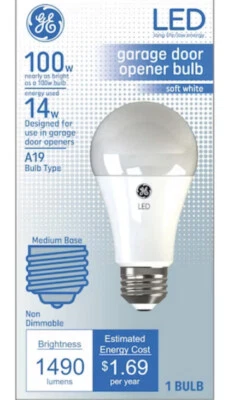 GE Lighting 93116245 LED A19 Garage Door Opener Bulb, Frosted Soft White, 1490