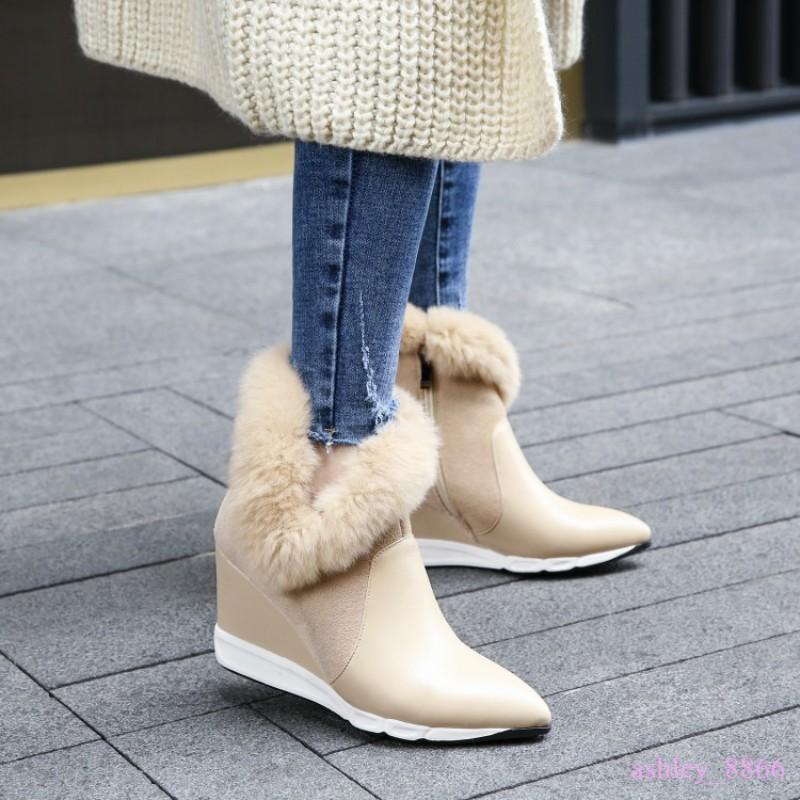 Mujeres De Cuero Real Piel De Conejo Puntera en en en Punta Tacón Con Plataforma Invierno botas al Tobillo cálidas 143fe8 Mujeres De Cuero Real Piel De Conejo Puntera en en en Punta Tacón Con Plataforma Invierno botas al Tobillo cálidas 143fe8